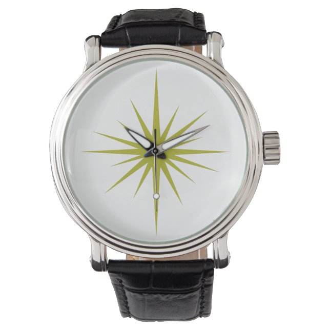 Avocado Grönt Atomic Starburst Mid Century Modern Armbandsur (Framsida)