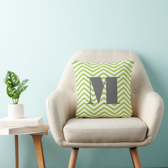 Avocado Grönt Ivory och Grått Monogram Zig Zag Kudde (Stol)