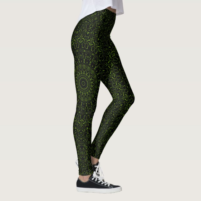 Avocado Grönt Mandala med geometrisk symmetri Leggings (Höger)