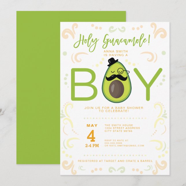 Avocado Heliga Guacamole Boy Baby Shower Taco Part Inbjudningar (Fram/baksida)