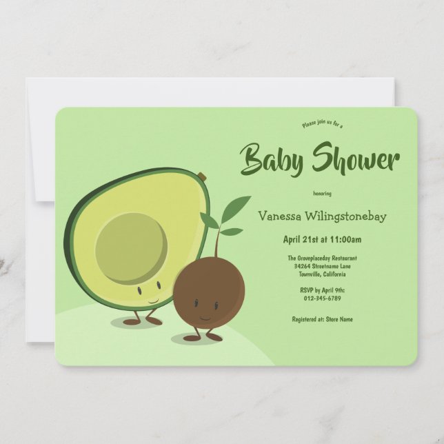 Avocado och Pit Tecknad Food ThGoded Baby Shower Inbjudningar (Framsida)