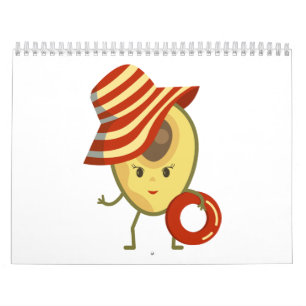 Avocado, strandflicka med sol hatt och simma ring kalender