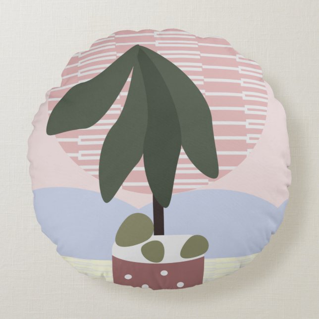 Avocado Tree Blush Dämpad Geometrisk Rosa Grön   Rund Kudde (Framsidan)