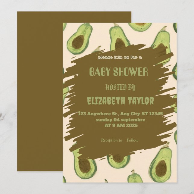 Avocadotematisk baby shower-inbjudan  inbjudningar (Fram/baksida)