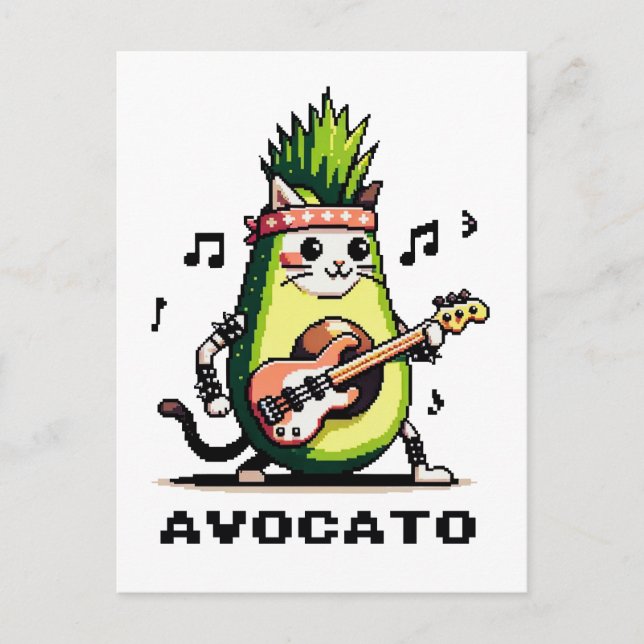 Avocato - luddig pixel Art Avocado Cat-uppspelning Vykort (Framsida)