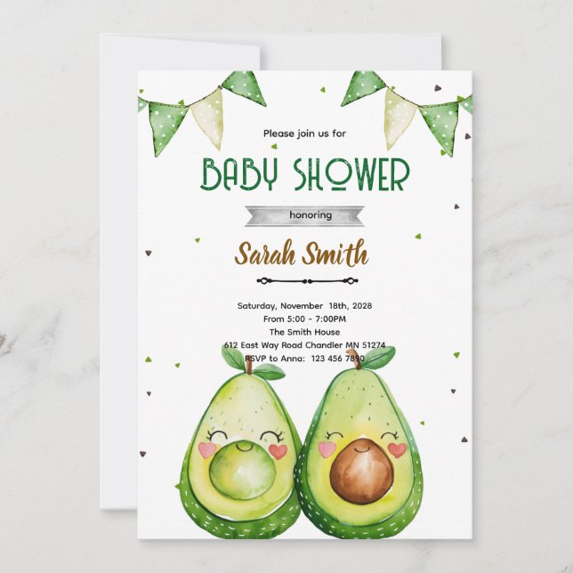 Avokado Baby Shower Inbjudan (Framsida)