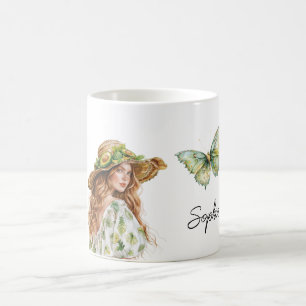 Avokado Hatt Fjäril Röd Huvud Kvinna Kaffemugg
