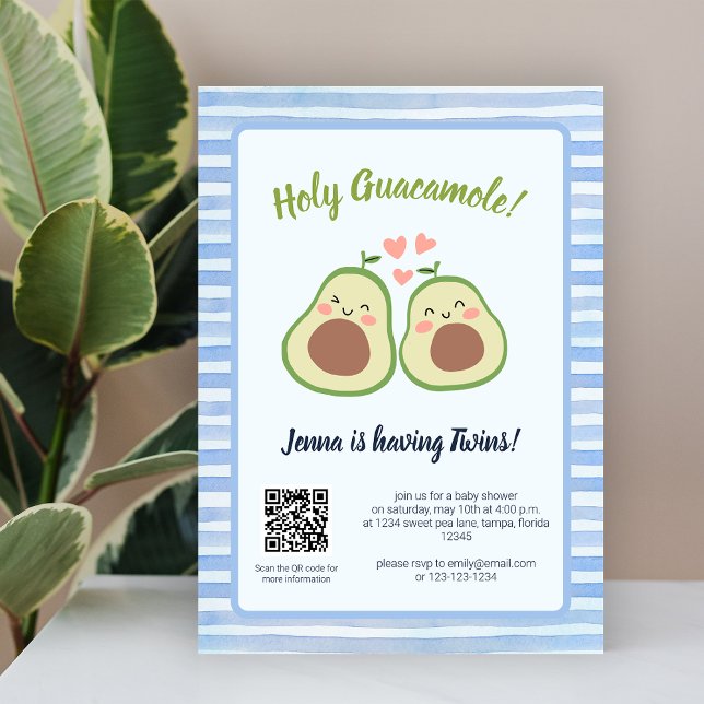Avokado Kön Neutral QR-Twillingar Babyskor Inbjudningar (Avocado Gender Neutral QR Code Twins Baby Shower Invitation)