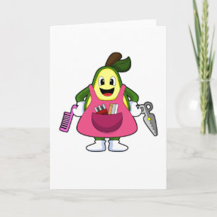 Avokado som frisör med sax och kam kort