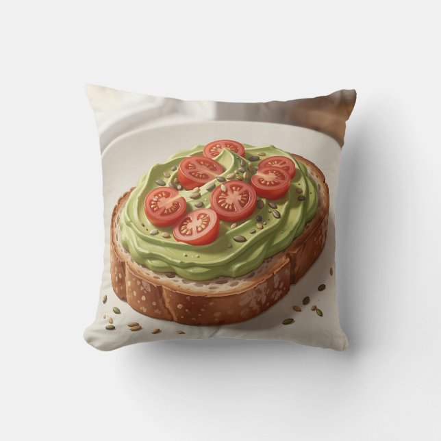 Avokado Tomatis Toast Färsk Frukost Konst Kudde (Framsida)