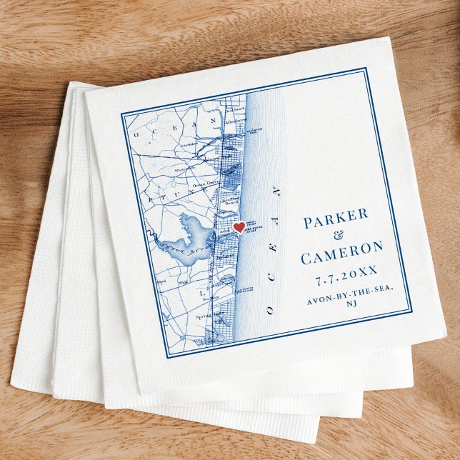 Avon-by-the-sea NJ Karta Elegant Navy Blue Bröllop Pappersservett (Avon by the Sea NJ Wedding Napkins in elegant navy bluefrom Coastal Map Designs)