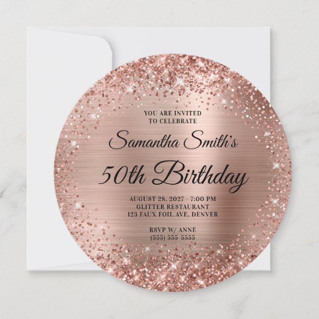 Avrundad Roséguld Glitter Monogram 50-årsdag Inbjudningar (Framsida)