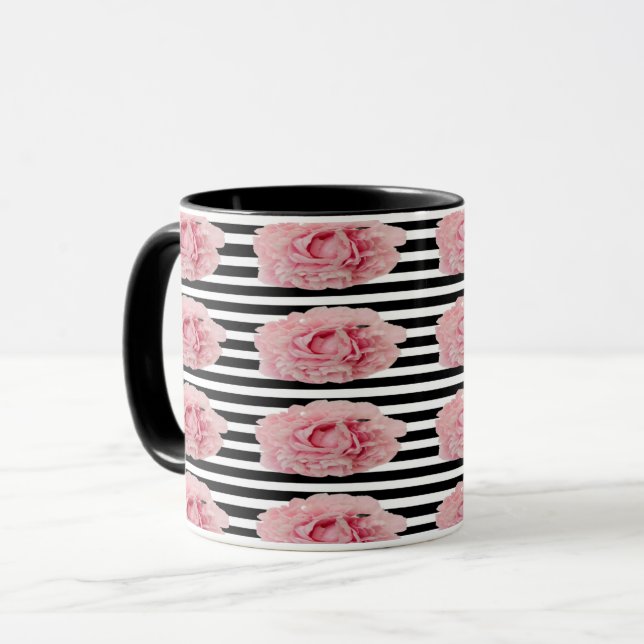 Avryl Fleur Rosa Peony Black White Rand Mugg (Framsida vänster)