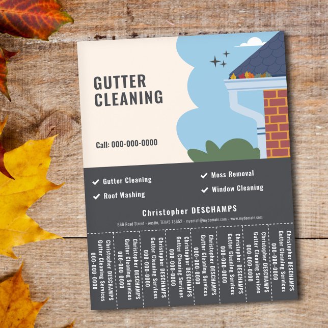 Avskärningstjänster Städning tjärborttagningsremsa Reklamblad (Gutter Cleaning Services Tear Off Strips Flyer)