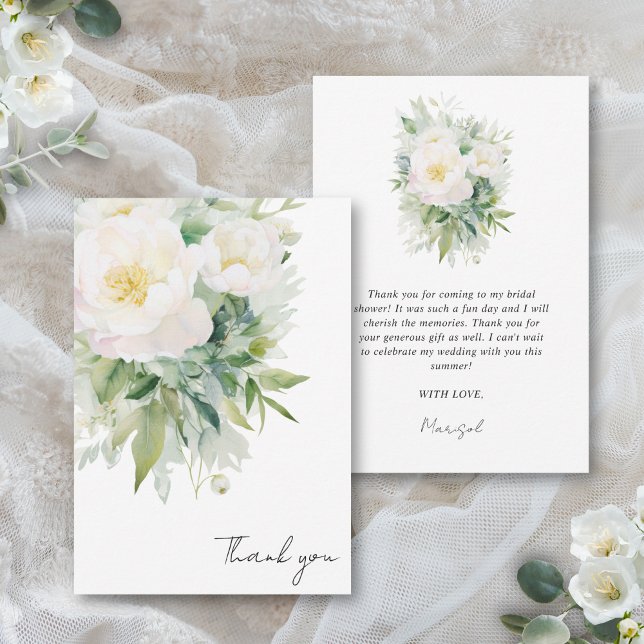 Avsked med mödomslivet Spansk Bröllopsfest Tack Kort (This elegant bridal shower thank you card features a neutral white floral color palette)
