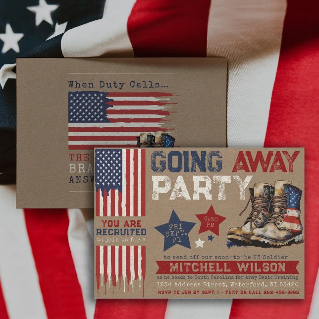 Avskedsfest Militär avskedsfest USA Flagga Inbjudningar (Military Soldier Army Going Away Party Invitation, Patriotic Farewell, USA Flag, Rustic, star, boots)