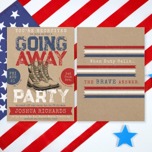 Avskedskalas för lantliga militärstövlar inbjudningar (Military Combat Boots Going Away Party, Farewell Rustic Vintage Party Invitation, front and back )