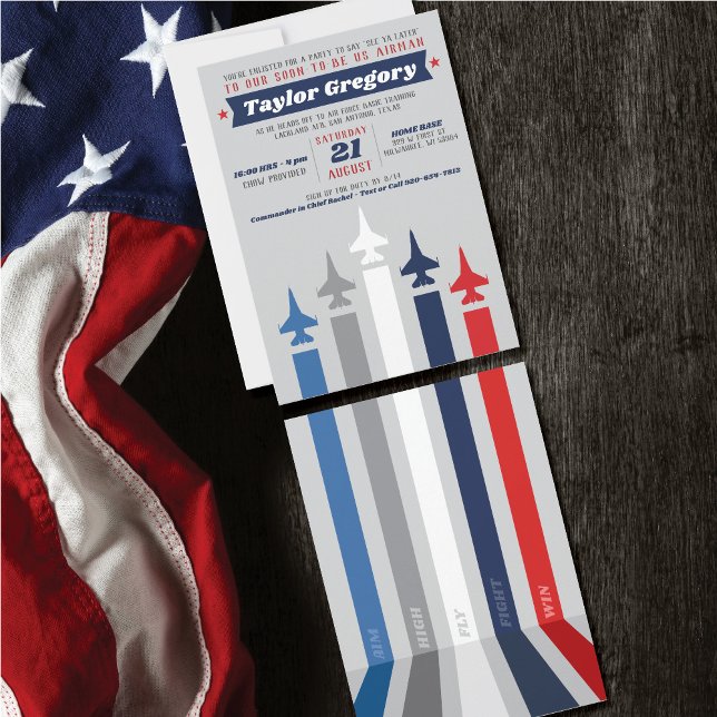 Avskedspartaj Air Force Grundläggande utbildning M Inbjudningar (Going Away, Farewell Party Invitation, Air Force Jet Plane, front & back, stripes, aim high, fly win)