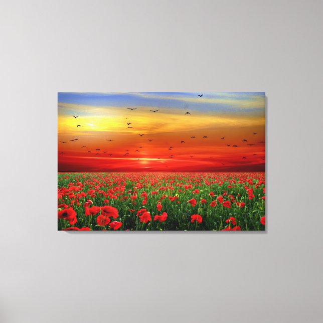 Avskräckande sunset Birds over Poppy Fält Canvastryck (Framsida)