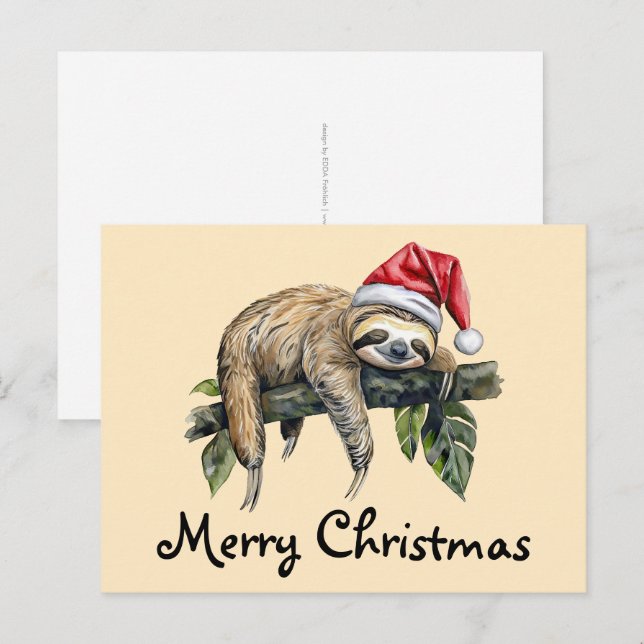 Avslappa Sloth med julhatt 1 Vykort (Fram/baksida)