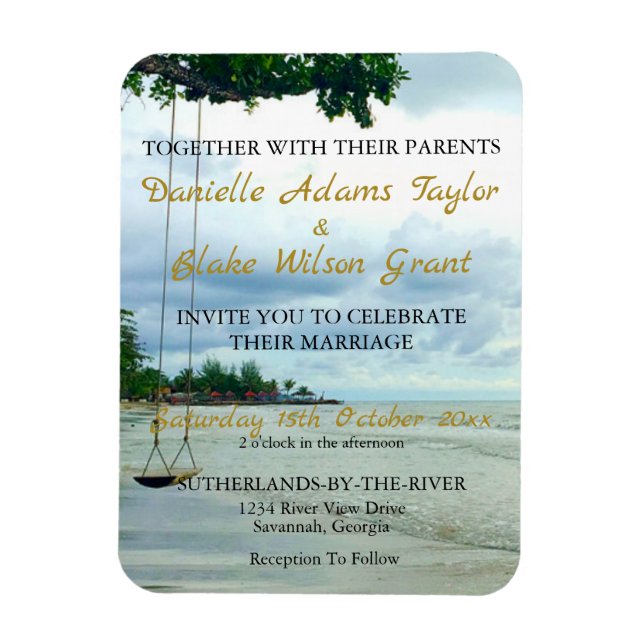 Avslappnad Beach Swing Guld Calligraphy Wedding bj Magnet (Vertikal)