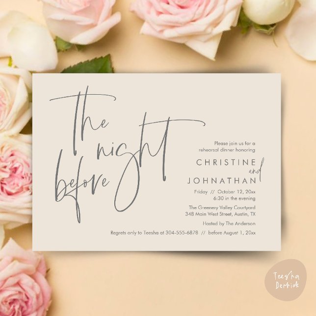 Avslappnad Bröllop Rehearsal Middag, natten före Inbjudningar (The night before, Casual Modern Wedding Rehearsal Dinner Invitation Card PDF Cream Grey)
