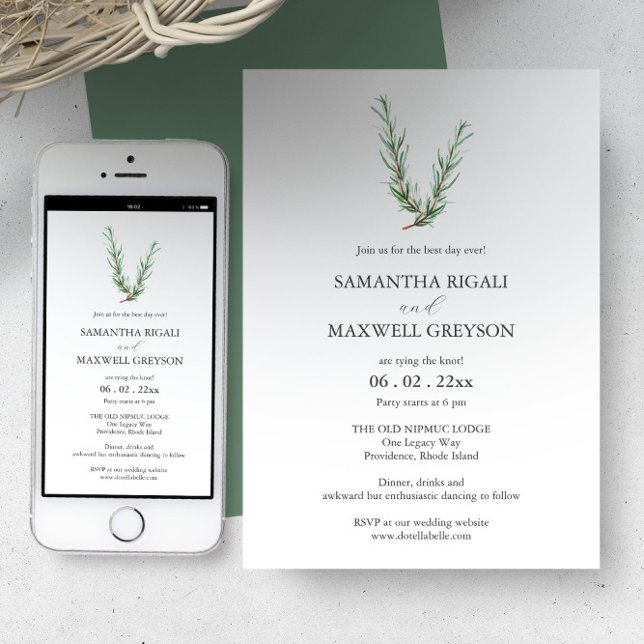 Avslappnad Bröllopsinbjudningar Vattenfärgsrosemar Inbjudningar (Casual wedding invitations features watercolor rosemary art by Victoria Grigaliunas Do Tell A Belle)