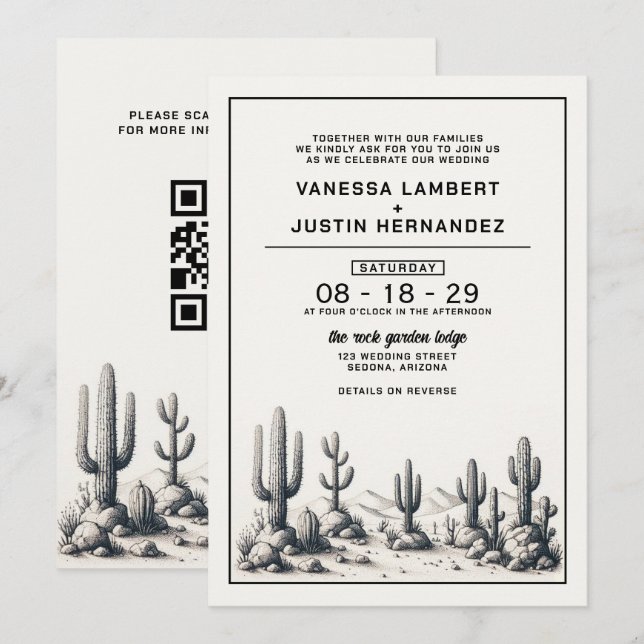 Avslappnad Cactus Bröllop med QR-kod Inbjudningar (Fram/baksida)