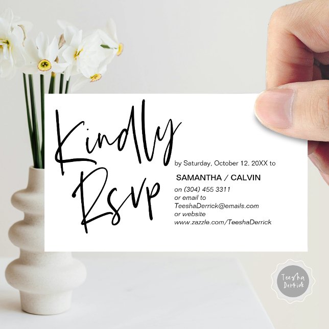 Avslappnad Elegance, svart skript, OSA-svar Tilläggskort (Kindly RSVP, Wedding Invitation Response Enclosed Card, in Black and White)
