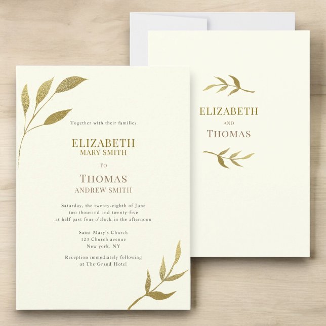 Avslappnad elegant elfenben och guld bröllop inbjudningar (casual text ivory and gold minimal wedding invitation easy to custominze to suite your personal need)