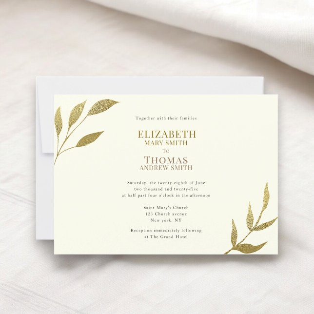Avslappnad elegant elfenben och guld bröllop inbjudningar (ivory and gold modern minimal botanical casual wedding invitation )
