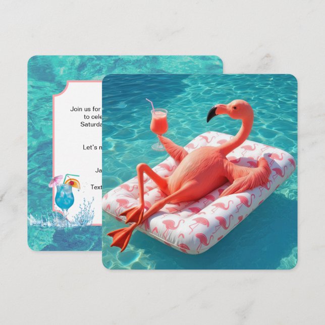 Avslappnad flamingo flyter på en poolmadress inbjudningar (Fram/baksida)