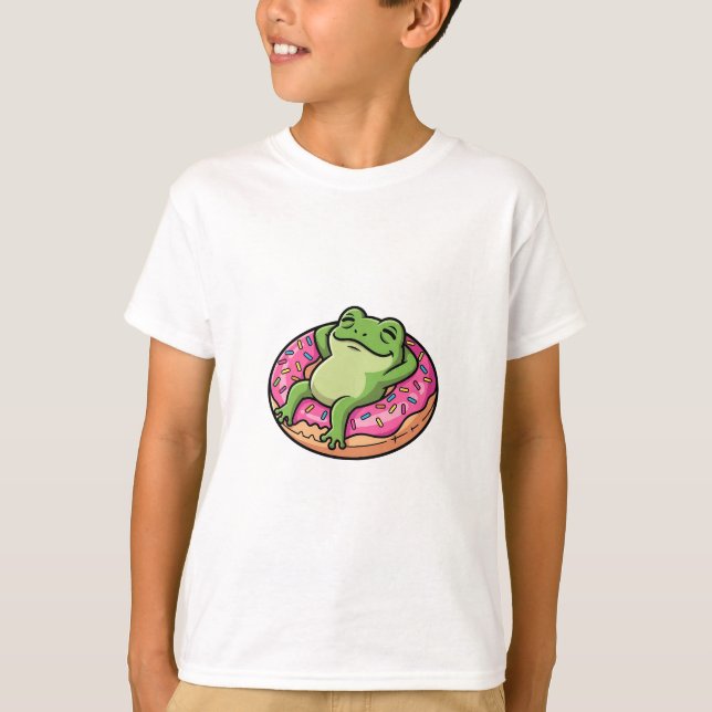 Avslappnad groda på rosa munk med strössel för bar t shirt (Framsida)