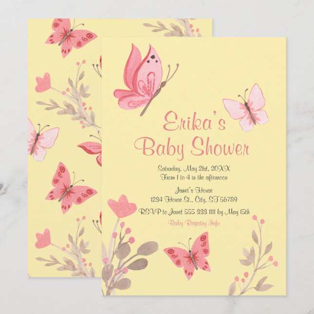 Avslappnad Gult Rosa Blommigt Butterflies Baby Sho Inbjudningar (Fram/baksida)
