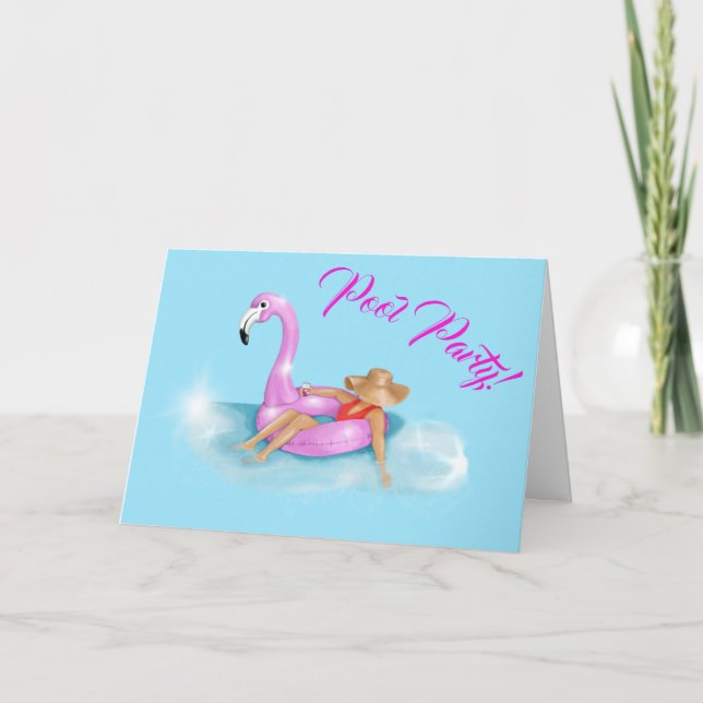Avslappnad i poolen på en het rosa flamingofloat  kort (Framsida)