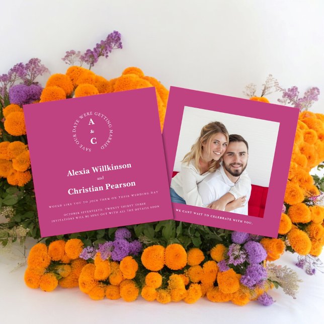 Avslappnad initialer fotot rosa spara datumet inbjudningar (modern pink editable save the date card with photo )