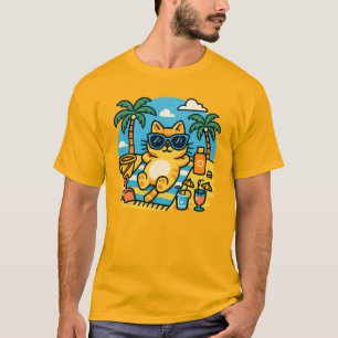 Avslappnad Katt Stranddag Tecknad T-Shirt - Rolig