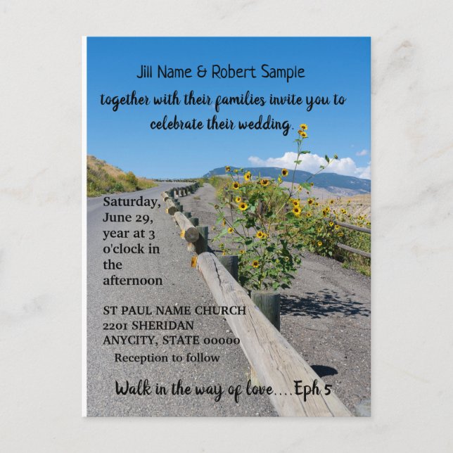 Avslappnad land väster gult solblommor bröllop inbjudan vykort (Framsida)