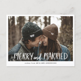 Avslappnad Merry and Married Script Couple Photo Helg Vykort