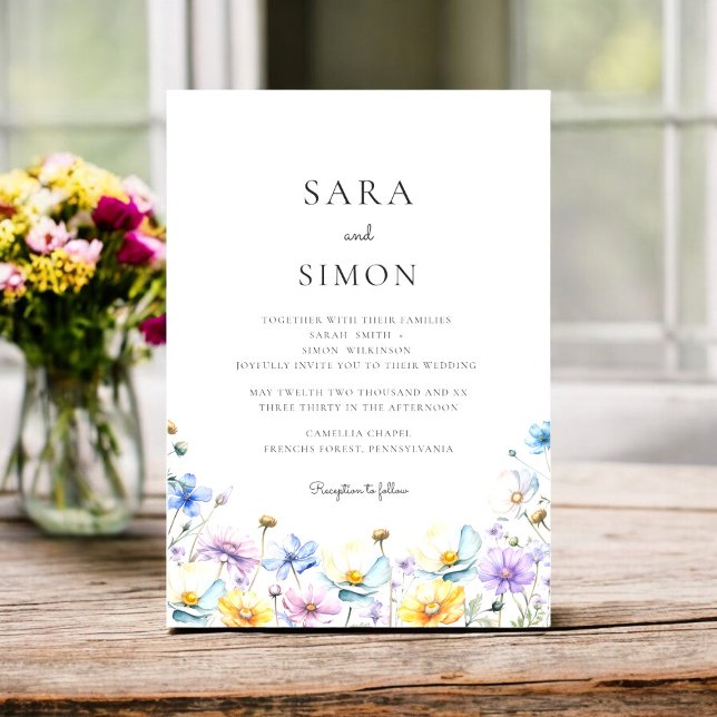 Avslappnad minimala moderna vilda blommor bröllop inbjudningar (Modern Wildflower Wedding Invitation Set | Elegant Double-Sided Design with Watercolor Floral )