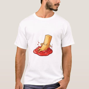 Avslappnad pommes frites-karaktär som vilar i ketc t shirt