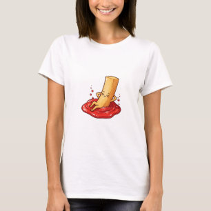 Avslappnad pommes frites-karaktär som vilar i ketc t shirt