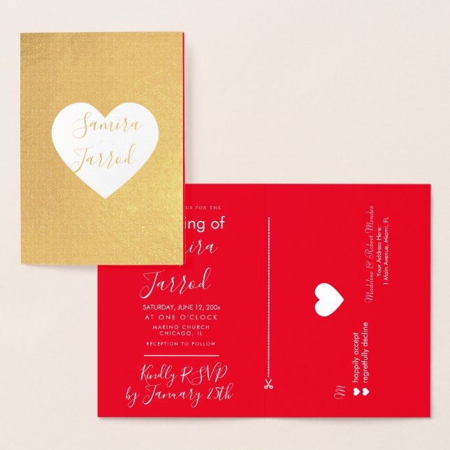 Avslappnad Red and Guld Heart Osa and Bröllop Card Folierat Kort (Display)