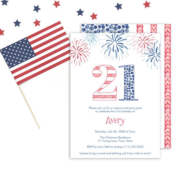Avslappnad Rött vitt blått utomhus 21:a födelsedag Inbjudningar (A fun summer-inspired red white and blue 21st birthday party invitation card design)