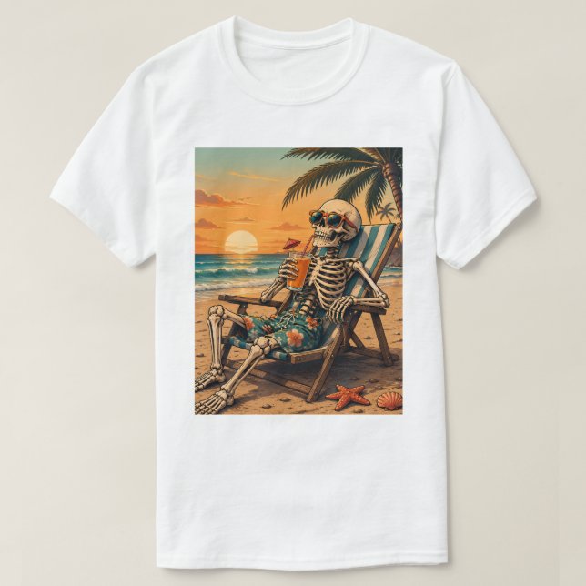 Avslappnad Skelett Strand T-Shirt | Rolig Sommar  (Design framsida)