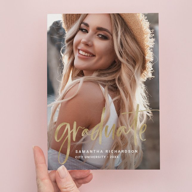 Avslappnad skript Guld | Två foto-Studentfester Inbjudan Vykort (Skapare uppladdad)