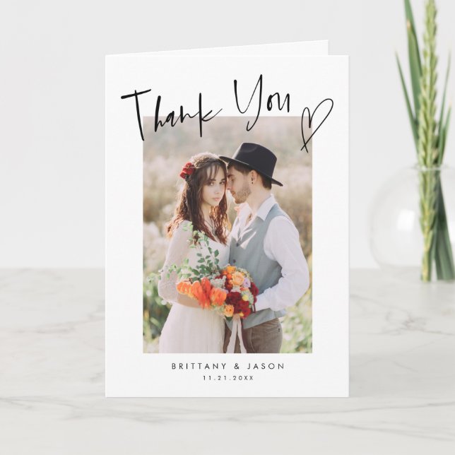 Avslappnad skript Heart-minimalistisk Bröllop-foto Tack Kort (Framsida)