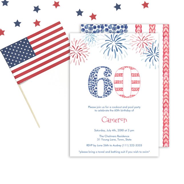 Avslappnad Sommar Rött vitt blått 60:e Födelsedags Inbjudningar (A fun red white and blue 60th birthday party invitation with firecracker details)