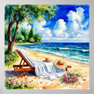Avslappnad strandscen med solstol poster