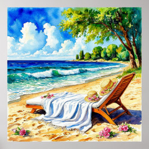 Avslappnad strandscen med solstol poster